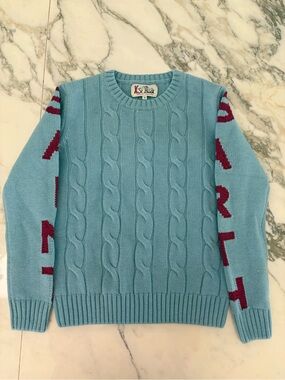 MC2 Saint Barth Aqua Cable Knit Sweater with Burgundy Sleeve Letters